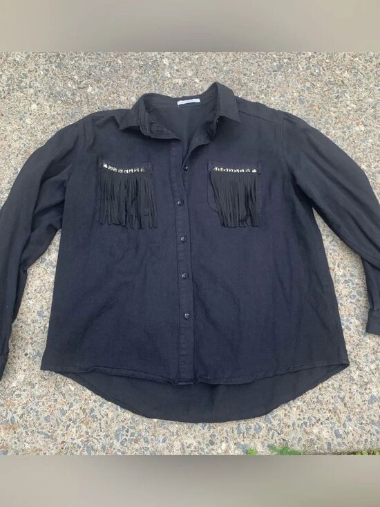 Veveret Tops - Veveret Black Denim Western Fringe Button-Up Shirt